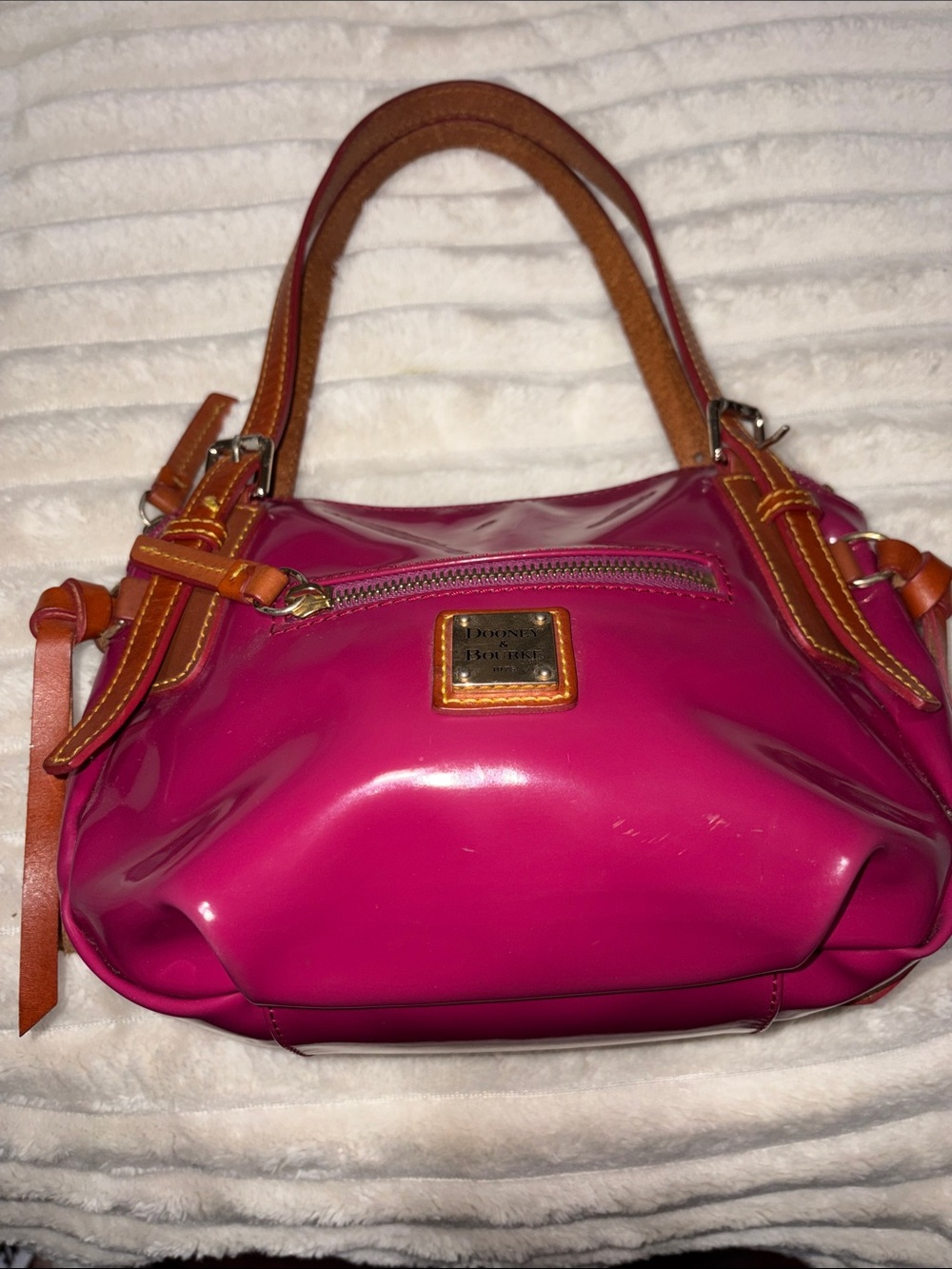 Dooney & Bourke Bright Pink Patent Shoulder Bag with Tan Leather Trim